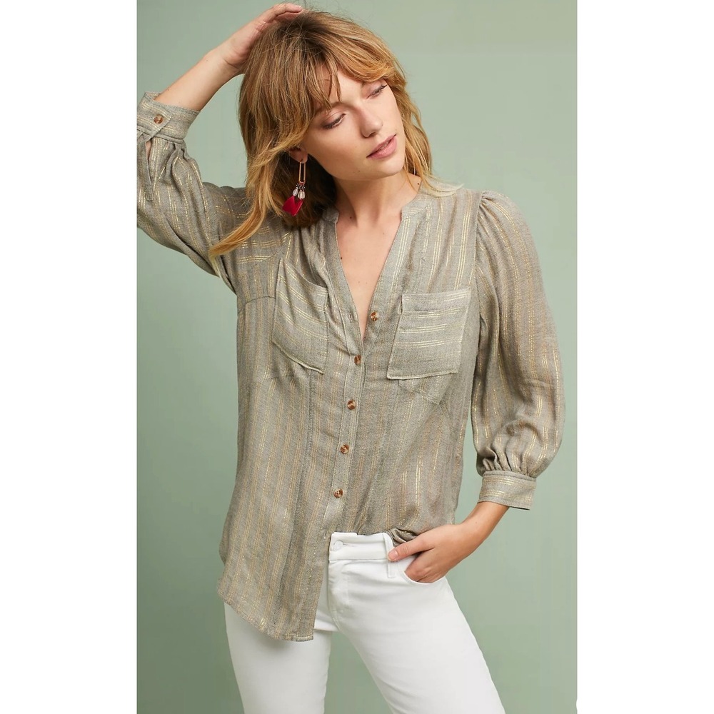 Akemi + Kin Anthropologie  Gold Metallic Stripe Button Blouse Top‎ Large